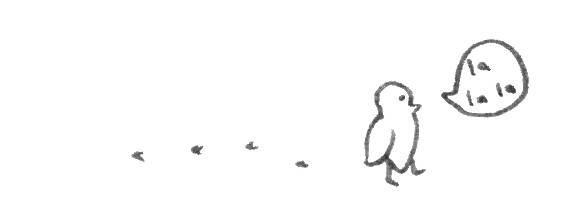 la la bird ... a little doodle by indigo eli of little budgie walking along ... its footprints show behind ... it has a speech bubble from its beak "la la la". black pen on white background