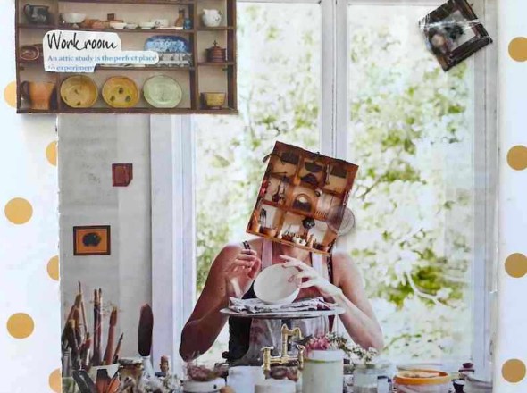 a collaged self portrait of an artist at work by indigo eli. On a white background with gold polka dots is an image of a woman sitting a bright room. In the top left a shelving unit holds earthernware and the words 'Workroom. An attic study is the perfect place to experiment.' The woman's head is a box of shelves filled with assorted trinkets. In her hands, a tilted bowl resting on a pile of fabric or paper. In front of her are jars of brushes, cylindrical containers of paint and other collected materials. At gut level is an antique copper tap.
