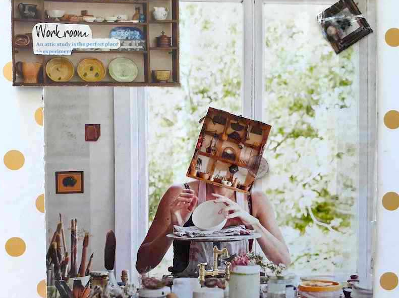 a collaged self portrait of an artist at work by indigo eli. On a white background with gold polka dots is an image of a woman sitting a bright room. In the top left a shelving unit holds earthernware and the words 'Workroom. An attic study is the perfect place to experiment.' The woman's head is a box of shelves filled with assorted trinkets. In her hands, a tilted bowl resting on a pile of fabric or paper. In front of her are jars of brushes, cylindrical containers of paint and other collected materials. At gut level is an antique copper tap.